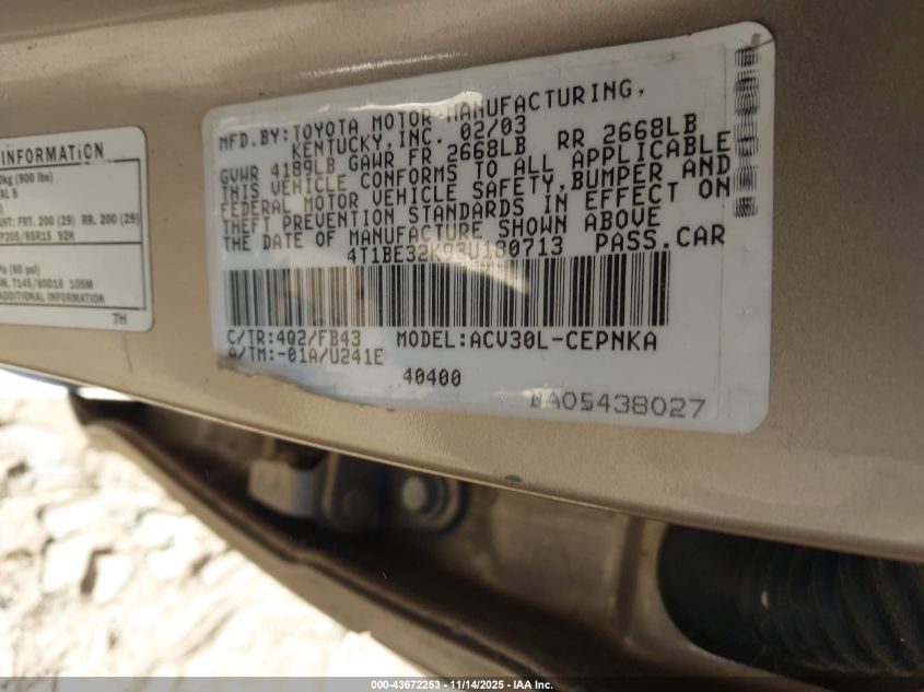 2003 Toyota Camry Le VIN: 4T1BE32K93U180713 Lot: 43672253