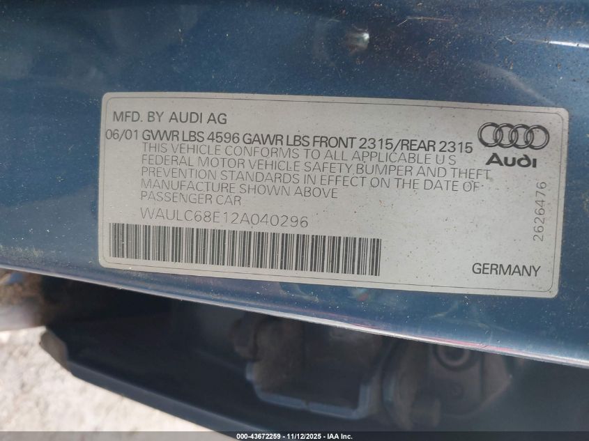 2002 Audi A4 1.8T VIN: WAULC68E12A040296 Lot: 43672259