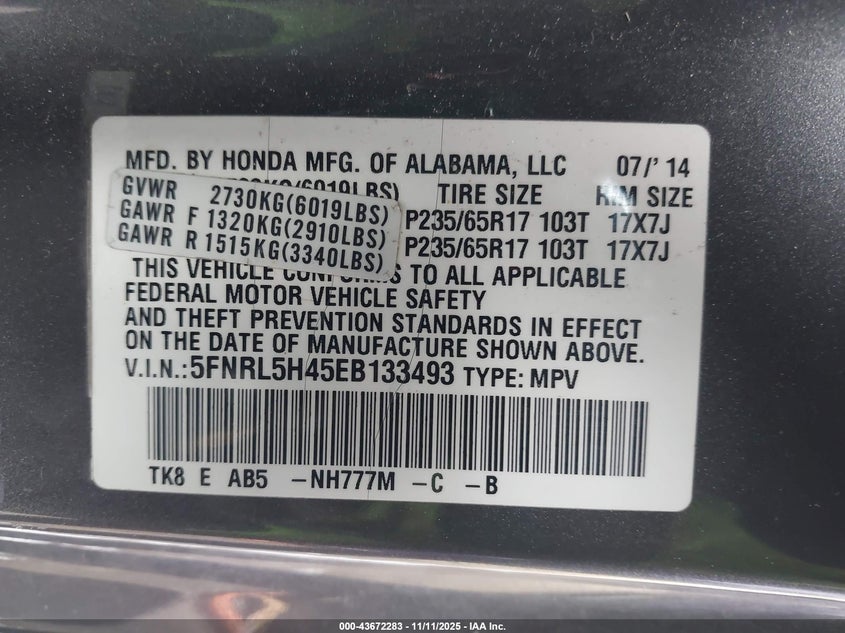 2014 HONDA ODYSSEY EX 5FNRL5H45EB133493