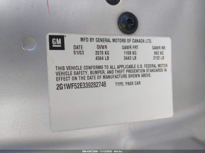 2003 Chevrolet Impala VIN: 2G1WF52E339282748 Lot: 43672286