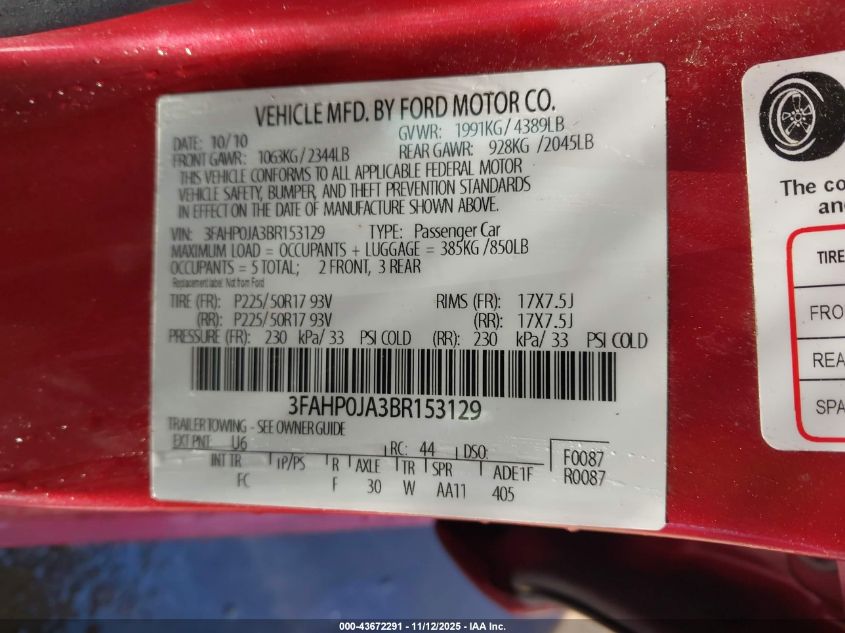 2011 Ford Fusion Sel VIN: 3FAHP0JA3BR153129 Lot: 43672291