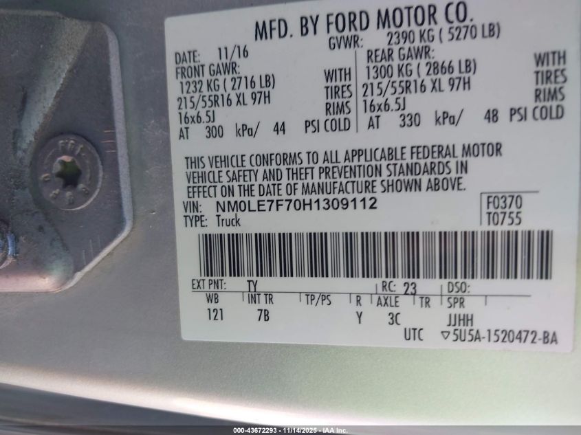 2017 Ford Transit Connect Xlt VIN: NM0LE7F70H1309112 Lot: 43672293