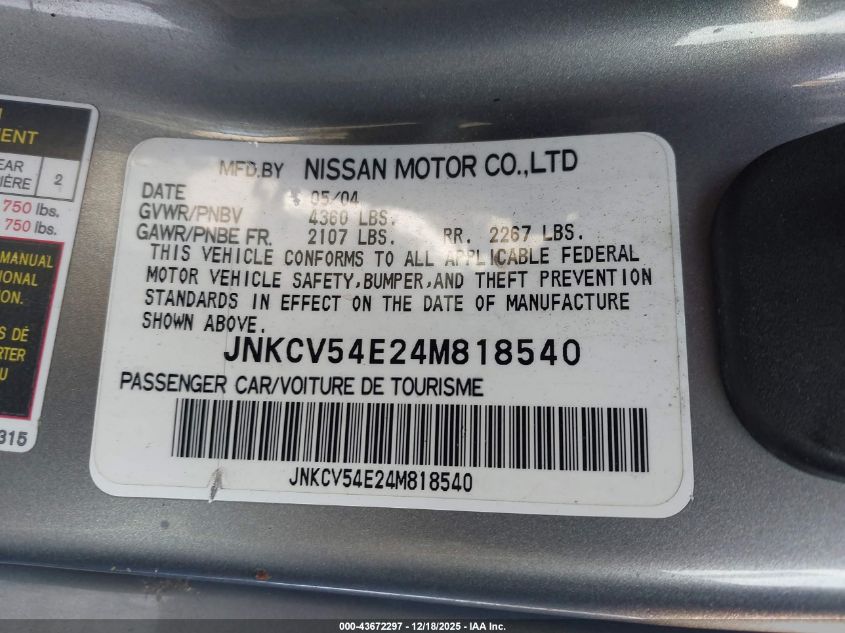 2004 Infiniti G35 VIN: JNKCV54E24M818540 Lot: 43672297