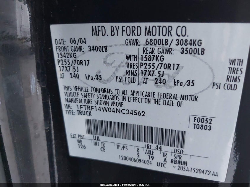 2004 Ford F-150 Stx/Xl/Xlt VIN: 1FTRF14W04NC34562 Lot: 43672301