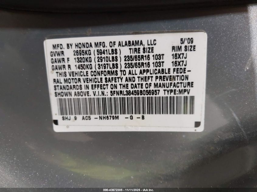 2009 Honda Odyssey Ex VIN: 5FNRL38459B056957 Lot: 43672305