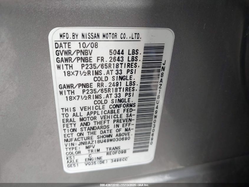 2009 Nissan Murano Sl VIN: JN8AZ18U49W030690 Lot: 43672310