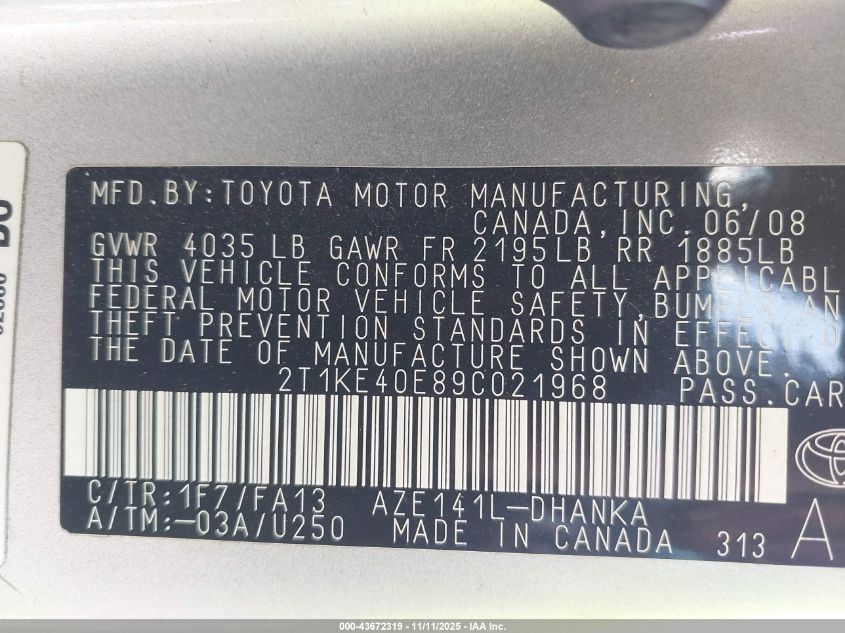 2009 Toyota Matrix S VIN: 2T1KE40E89C021968 Lot: 43672319