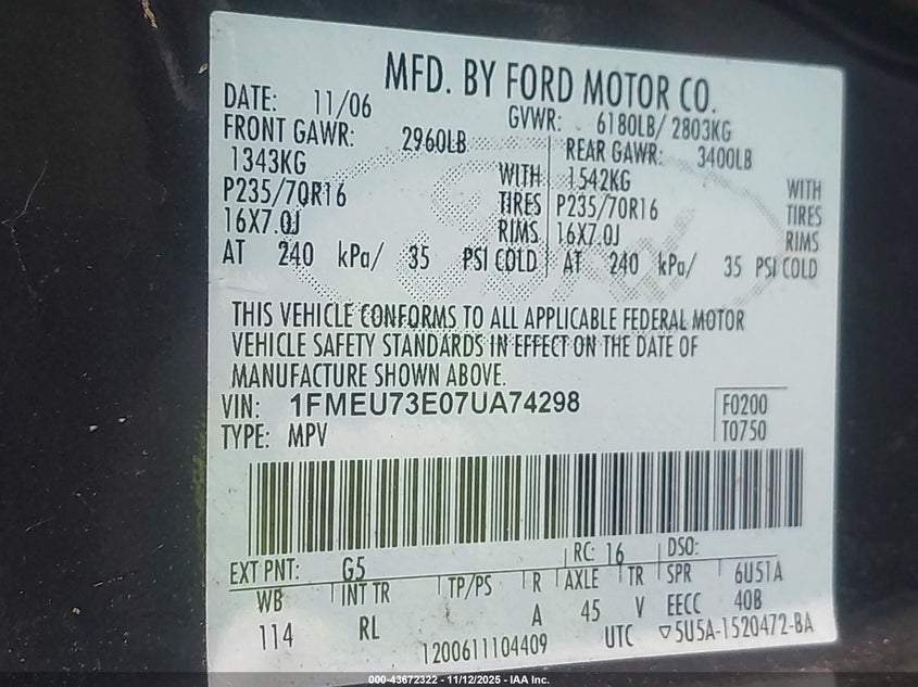 2007 Ford Explorer Xlt VIN: 1FMEU73E07UA74298 Lot: 43672322