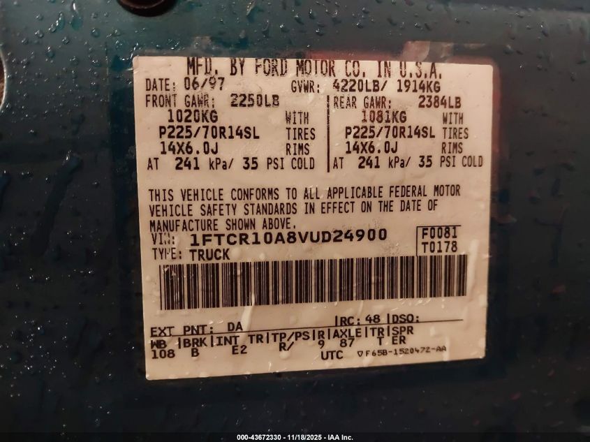 1997 Ford Ranger Splash/Xl/Xlt VIN: 1FTCR10A8VUD24900 Lot: 43672330