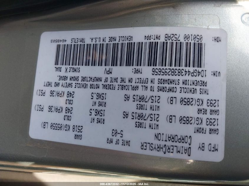 2003 Dodge Grand Caravan Sport VIN: 1D4GP44383B295656 Lot: 43672332