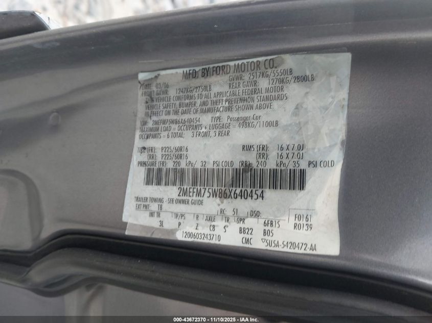 2006 Mercury Grand Marquis Ls VIN: 2MEFM75W86X640454 Lot: 43672370