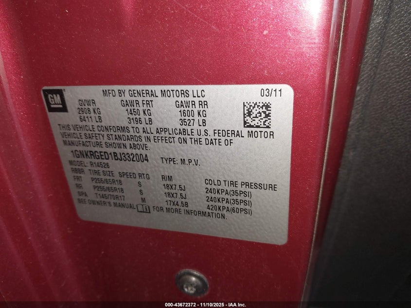 1GNKRGED1BJ332004 2011 CHEVROLET TRAVERSE photo no. 9