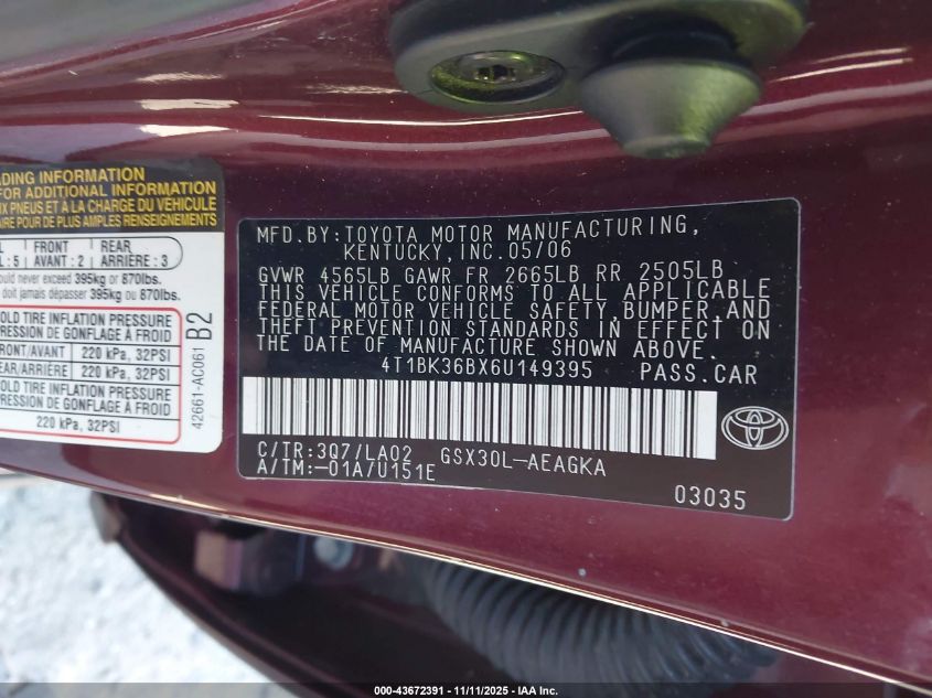2006 Toyota Avalon Xls VIN: 4T1BK36BX6U149395 Lot: 43672391