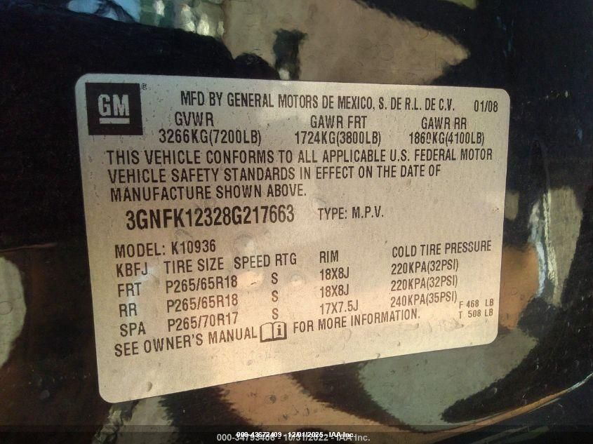 2008 Chevrolet Avalanche 1500 Lt VIN: 3GNFK12328G217663 Lot: 43672409