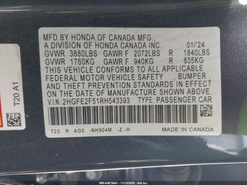 2024 Honda Civic Sport VIN: 2HGFE2F51RH543393 Lot: 43672441
