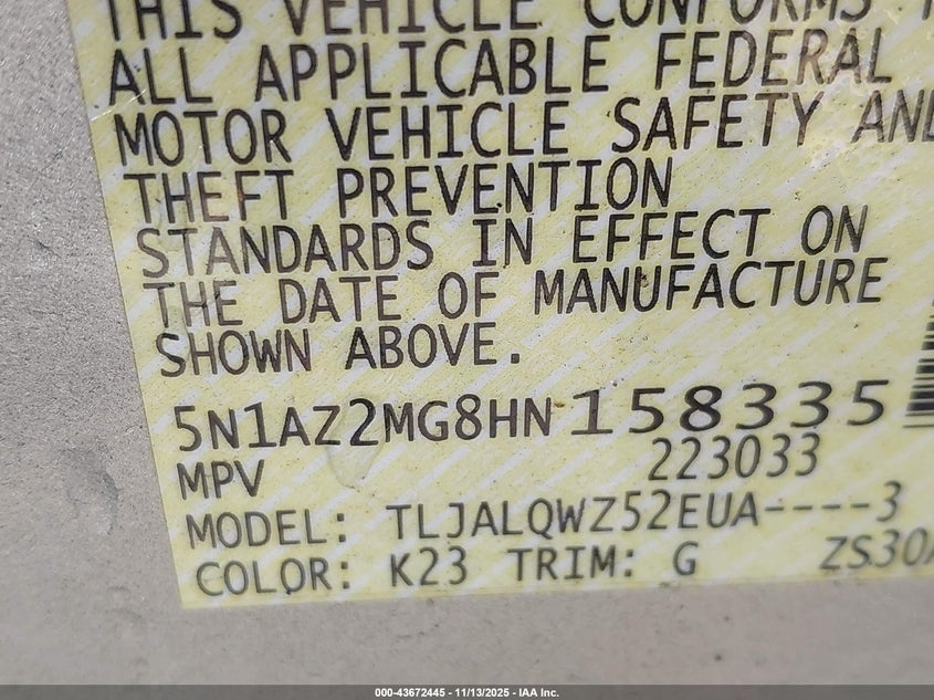 2017 NISSAN MURANO SV 5N1AZ2MG8HN158335