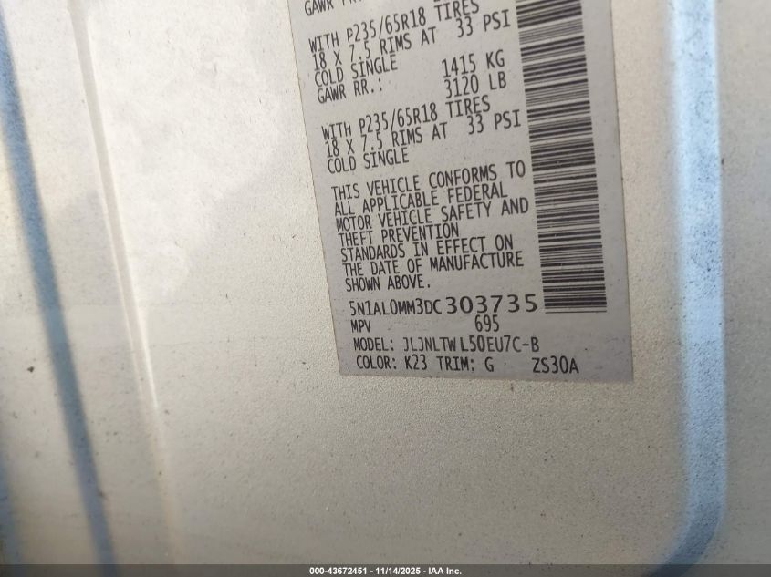 2013 Infiniti Jx35 VIN: 5N1AL0MM3DC303735 Lot: 43672451