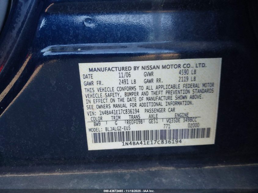 2007 Nissan Maxima 3.5 Sl VIN: 1N4BA41E17C836194 Lot: 43672465