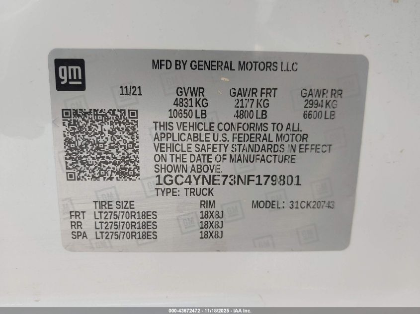 2022 Chevrolet Silverado 2500Hd VIN: 1GC4YNE73NF179801 Lot: 43672472