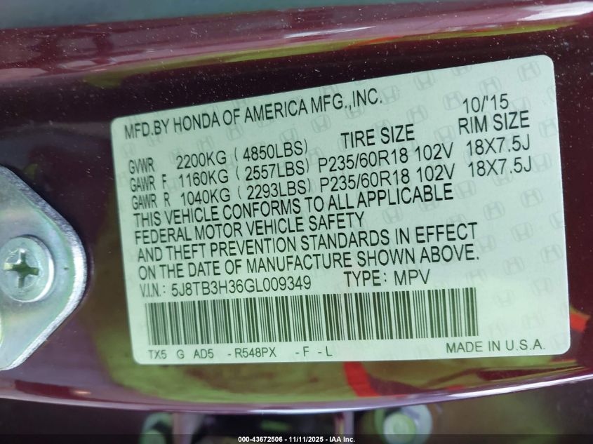 2016 Acura Rdx Acurawatch Plus Pkg VIN: 5J8TB3H36GL009349 Lot: 43672506