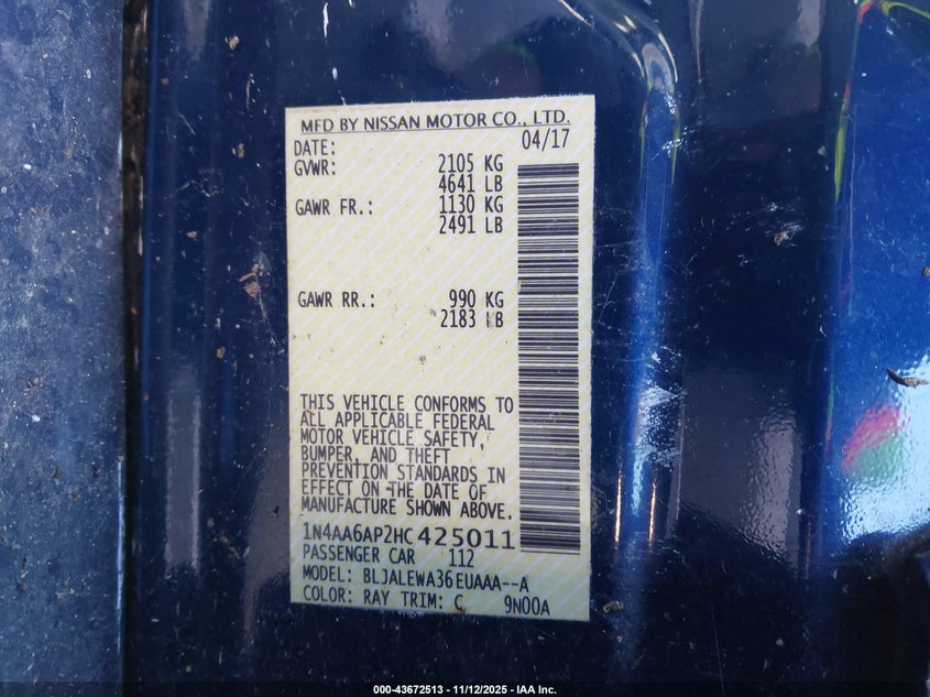 1N4AA6AP2HC425011 2017 NISSAN MAXIMA photo no. 9