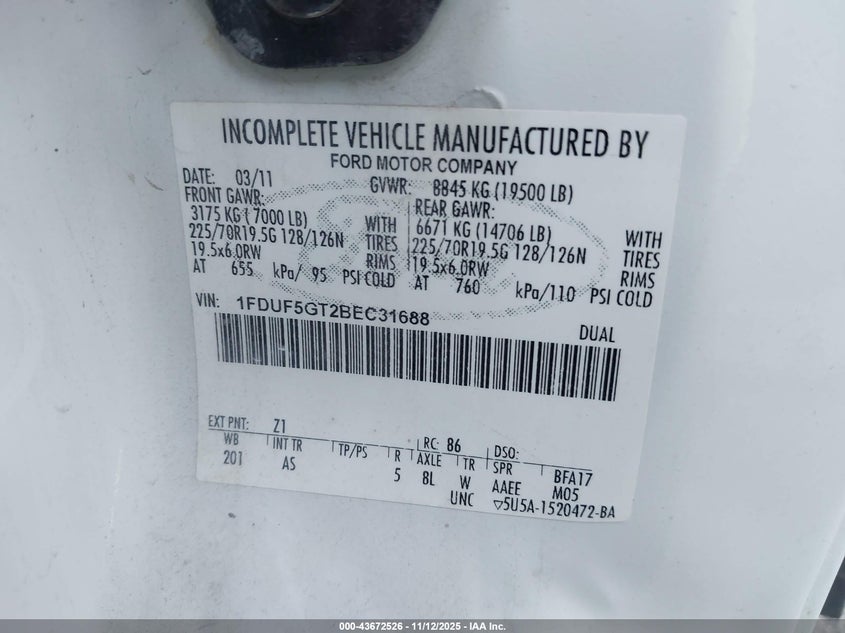 2011 Ford F-550 Chassis Xl VIN: 1FDUF5GT2BEC31688 Lot: 43672526