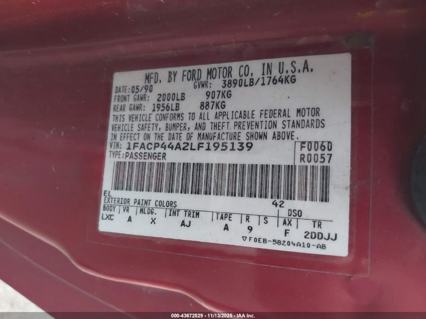 1990 Ford Mustang Lx VIN: 1FACP44A2LF195139 Lot: 43672529