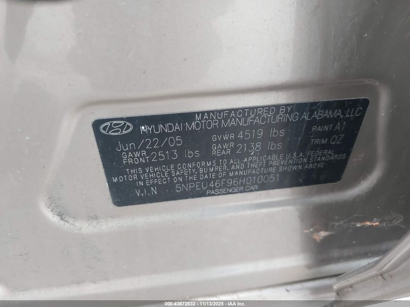 2006 Hyundai Sonata Gls V6/Lx V6 VIN: 5NPEU46F96H010051 Lot: 43672532