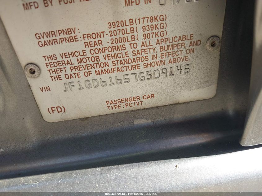 2007 Subaru Impreza 2.5I VIN: JF1GD61657G509145 Lot: 43672543