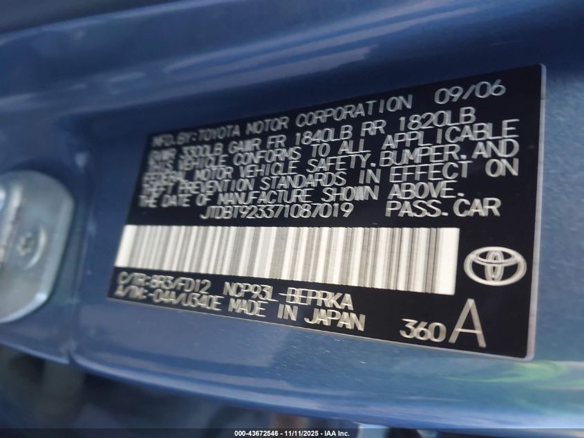 2007 Toyota Yaris VIN: JTDBT923371087019 Lot: 43672546