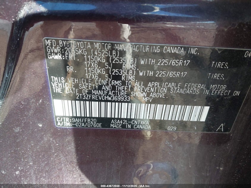 2017 TOYOTA RAV4 LE 2T3ZFREV0HW369933