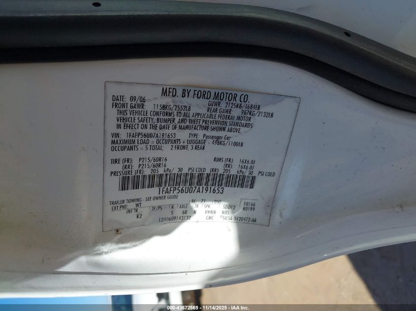 2007 Ford Taurus Sel VIN: 1FAFP56U07A191653 Lot: 43672569