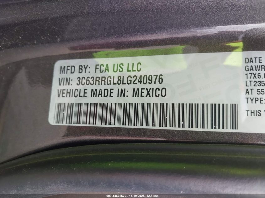 2020 Ram 3500 Tradesman 4X4 8' Box VIN: 3C63RRGL8LG240976 Lot: 43672572