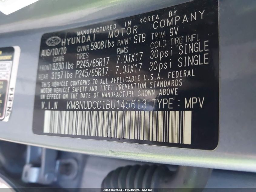 2011 Hyundai Veracruz Gls VIN: KM8NUDCC1BU145613 Lot: 43672574