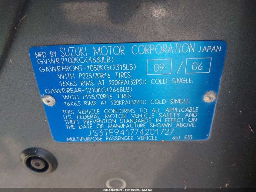2007 Suzuki Grand Vitara VIN: JS3TE941774201727 Lot: 43672599
