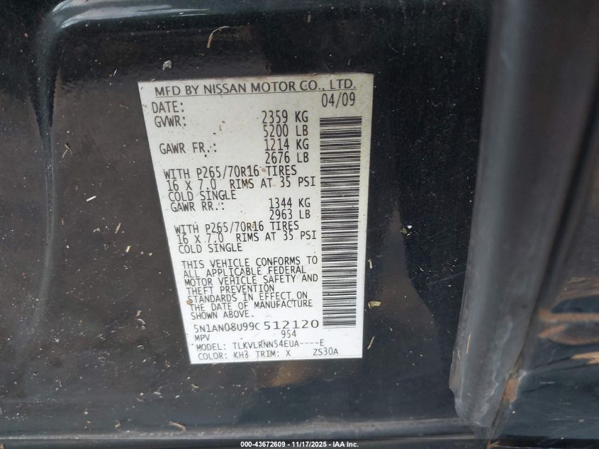 2009 Nissan Xterra S VIN: 5N1AN08U99C512120 Lot: 43672609