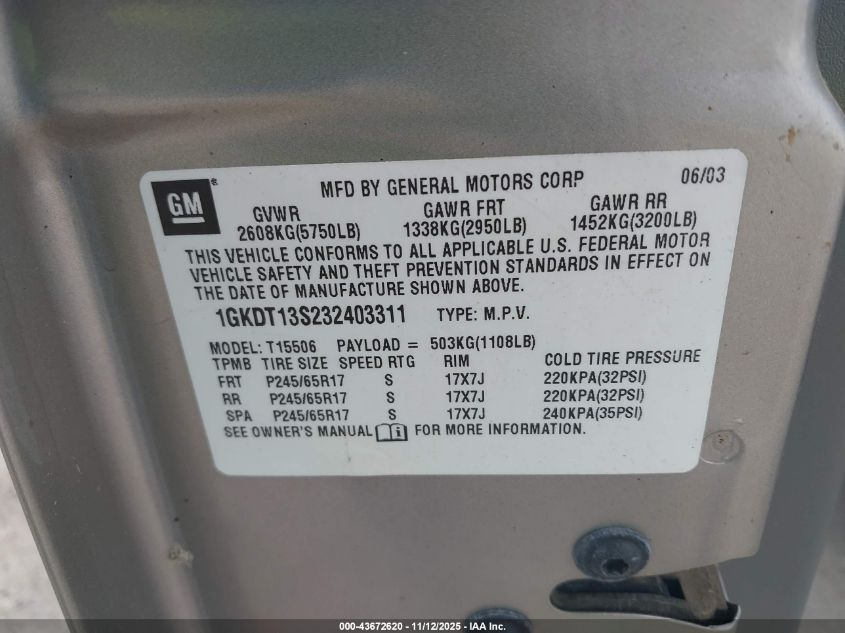 2003 GMC Envoy Sle VIN: 1GKDT13S232403311 Lot: 43672620