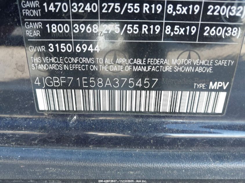 2008 Mercedes-Benz Gl 450 4Matic VIN: 4JGBF71E58A375457 Lot: 43672627