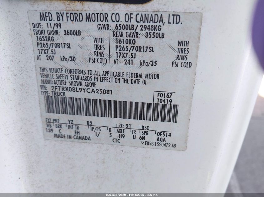 2000 Ford F-150 Lariat/Xl/Xlt VIN: 2FTRX08L9YCA25081 Lot: 43672629