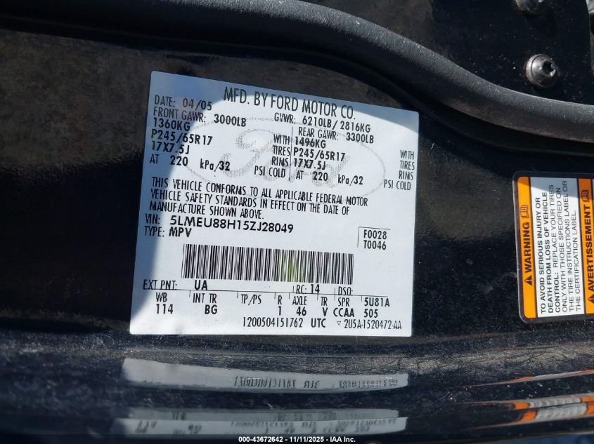 2005 Lincoln Aviator VIN: 5LMEU88H15ZJ28049 Lot: 43672642