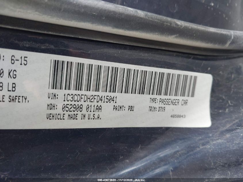 2015 Dodge Dart Aero VIN: 1C3CDFDH2FD415041 Lot: 43672659