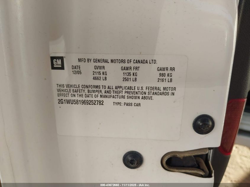 2006 Chevrolet Impala Ltz VIN: 2G1WU581969252782 Lot: 43672660