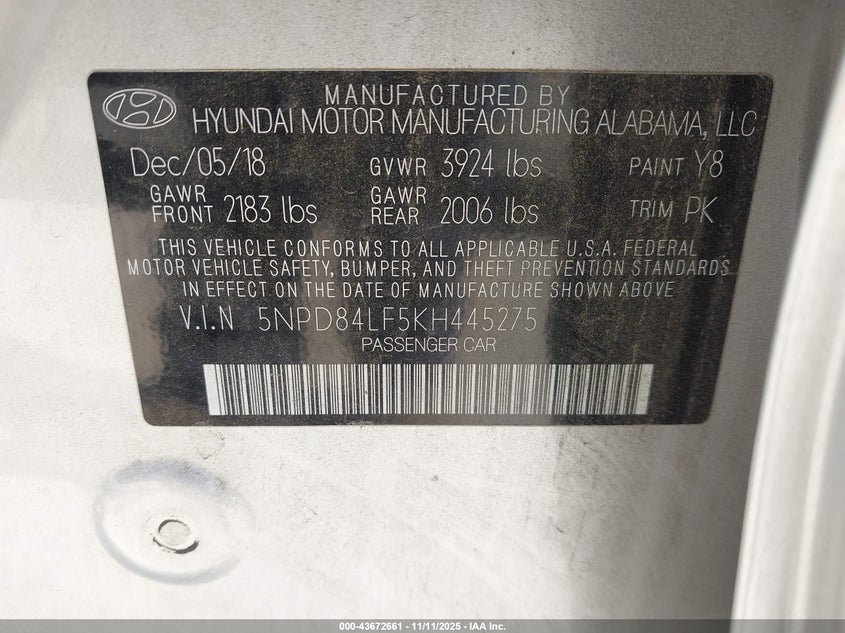 2019 HYUNDAI ELANTRA SEL 5NPD84LF5KH445275