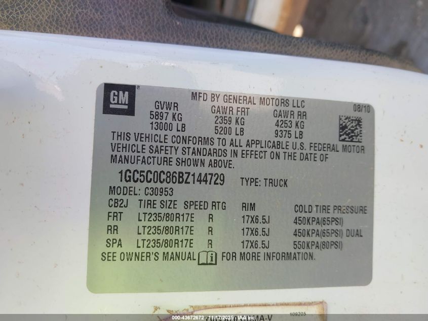 2011 Chevrolet Silverado 3500Hd Lt VIN: 1GC5C0C86BZ144729 Lot: 43672672