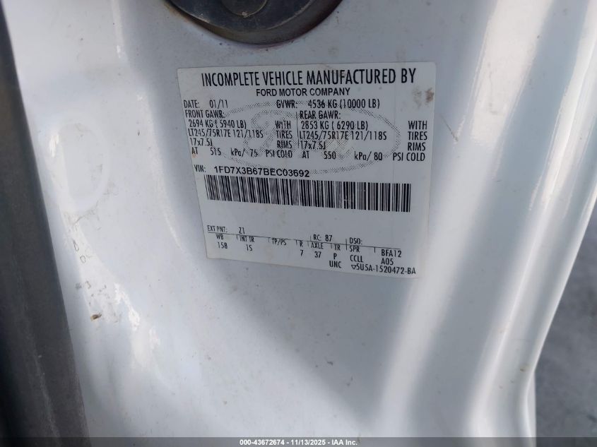 2011 Ford F-350 Xl VIN: 1FD7X3B67BEC03692 Lot: 43672674