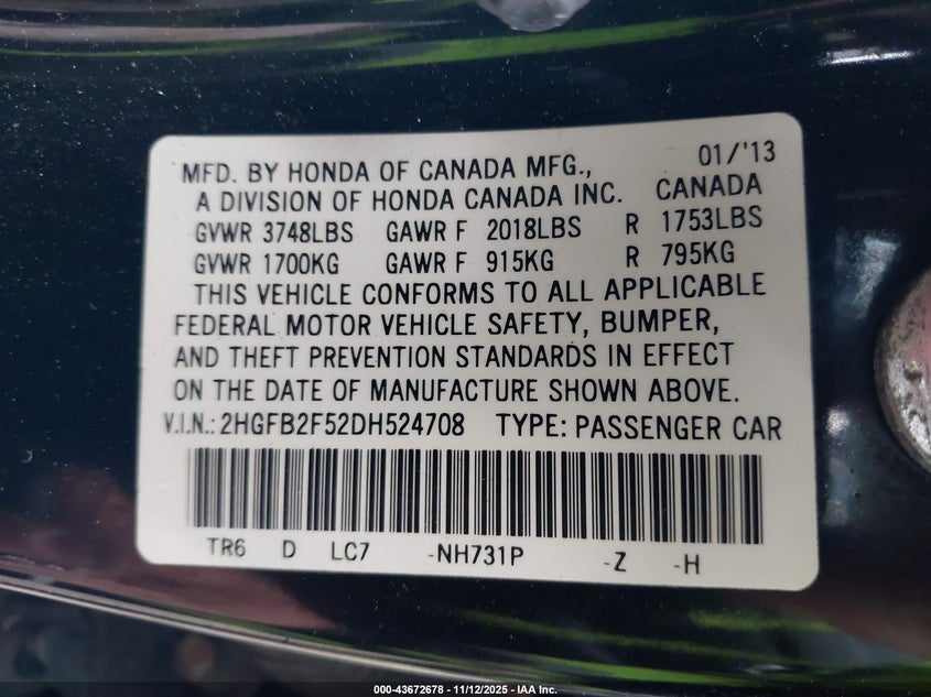 2HGFB2F52DH524708 2013 HONDA CIVIC photo no. 9