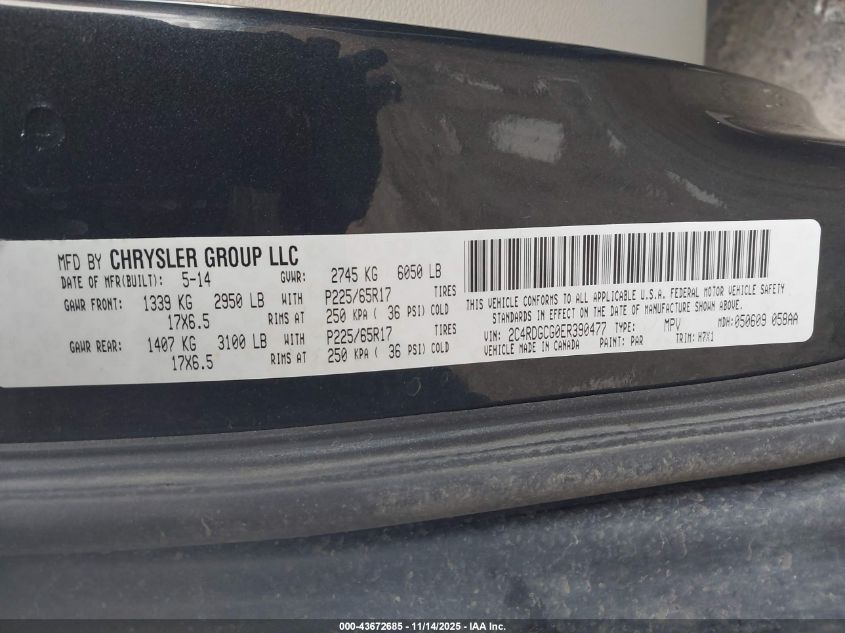 2014 Dodge Grand Caravan Sxt VIN: 2C4RDGCG0ER390477 Lot: 43672685