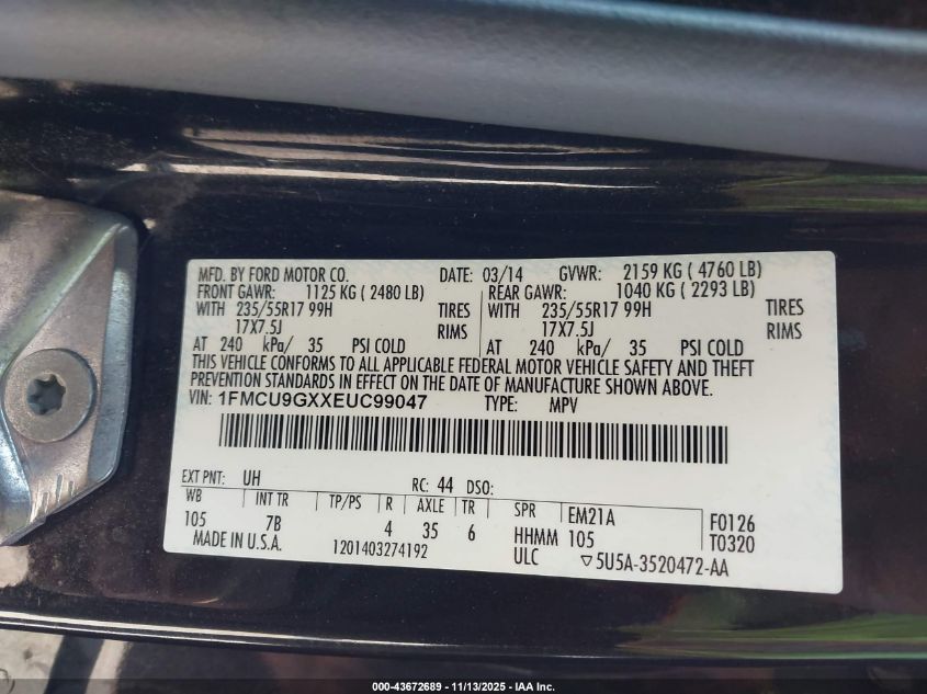 2014 Ford Escape Se VIN: 1FMCU9GXXEUC99047 Lot: 43672689