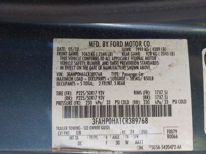 2012 Ford Fusion Se VIN: 3FAHP0HA1CR389768 Lot: 43672731