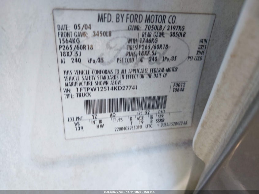 1FTPW12514KD27741 2004 FORD F-150 photo no. 9